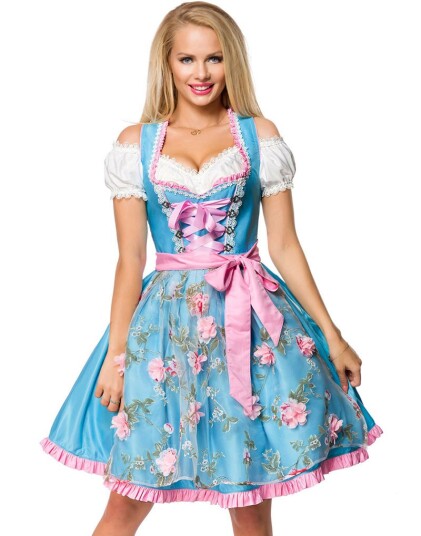 Lys Blå Dirndl Oktoberfestkjole i Luksuskvalitet med Utformet Blomster på Forkle Strl L
