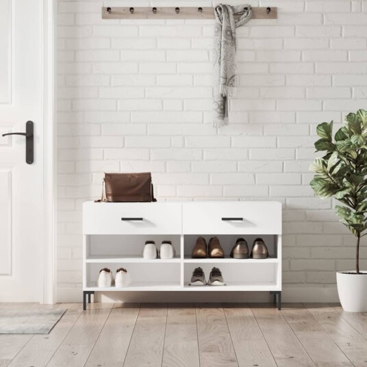 vidaXL Skobenk h?yglans hvit 102x35x55 cm konstruert tre