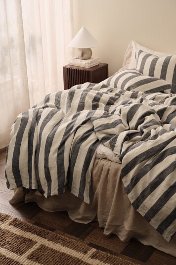 Ellos Home Sengesett Candice Block Stripe i vasket lin 2 deler Grå