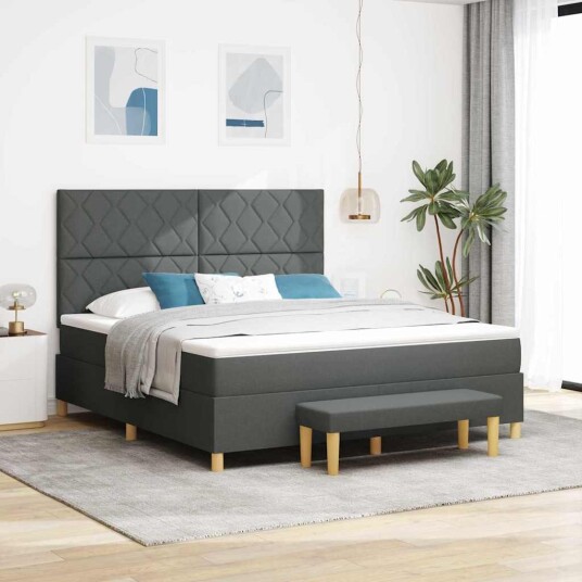  Box Spring Seng med Madrass & Benk Mørkegrå 180x200 cm Stoff