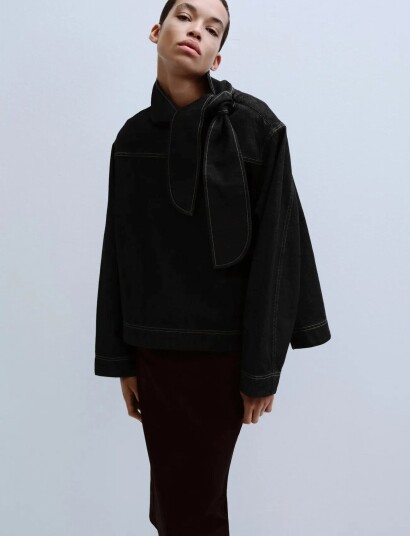 Mango Denim Blouse With Knot Neck Black L Mango Denim Blouse With Knot Neck Black L