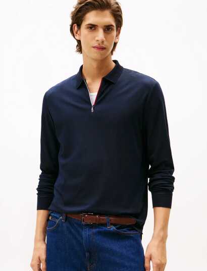 Tommy Hilfiger Ls Zip Interlock Reg Polo - Navy - XXXL