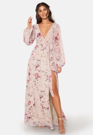 Goddiva Floral Long Sleeve Chiffon Maxi Dress Latte S (UK10) Goddiva Floral Long Sleeve Chiffon Maxi Dress Latte S (UK10)