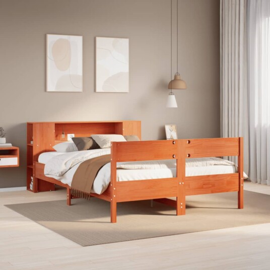 Seng med bokhylle uten madrass voksbrun 160x200 cm heltre furu 8721158617316