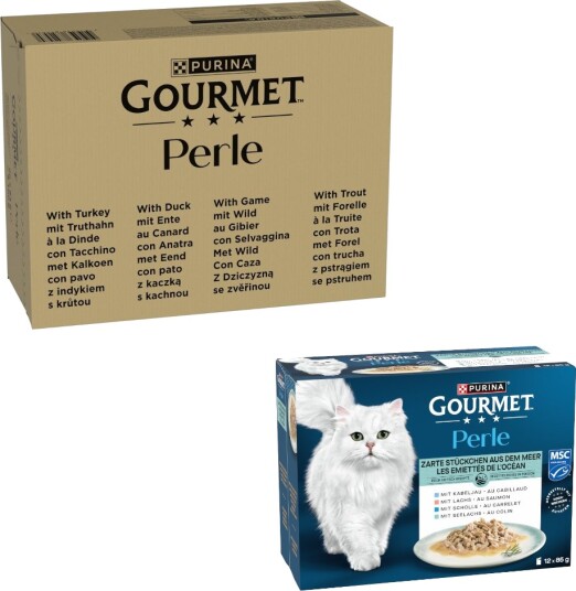 Gourmet Våtfôr Purina Perle + Møre Biter Fra Havet I Saus På Kjøpet Ørret And Vilt I Gelé Kalkun 96 X 85 G 12 X 85 G