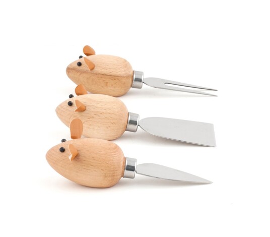Kikkerland Ostekniver Mus Sett - 3 Delers Rib Wood og Rustfritt Stål