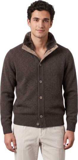 Gran Sasso Cardigan button cashmere with faux fur neck 50 brun herre
