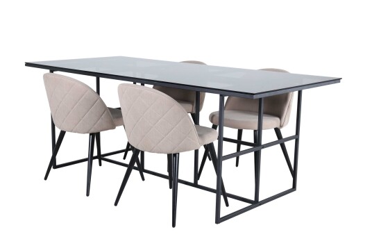 Venture Design Leif & Velvet spisegruppe Beige/svart 4 stoler & bord 200 x 90 cm