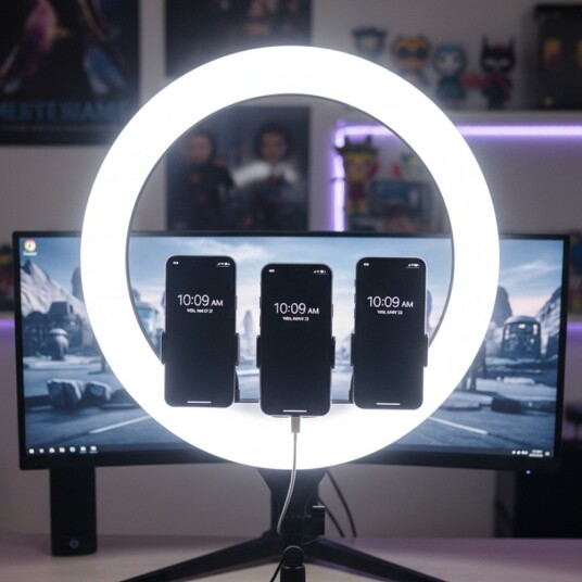 LED Ring light med stativ 55W Ø44cm 3 telefonholdere fjernkontroll 3200K 5800K Kulør : 3 i 1 LED Ring light med stativ 55W Ø44cm 3 telefonholdere fjernkontroll 3200K 5800K Kulør : 3 i 1