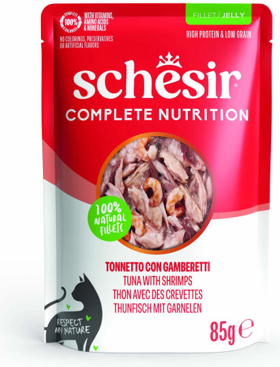 Schesir Våtfôr Complete Nutrition Filet I Gelé Tunfisk Med Reker 6 X 85 G