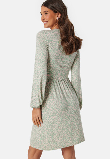 BUBBLEROOM V-neck Short Button Dress Green/Floral S