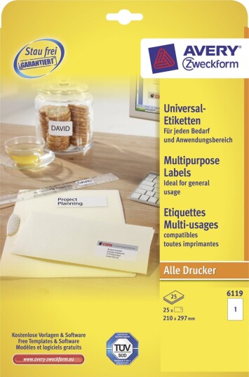 Avery Zweckform 6119 Hvit A4 210 X 297 Mm 25 EtikettEr 25 Ark X 1 Etiketter