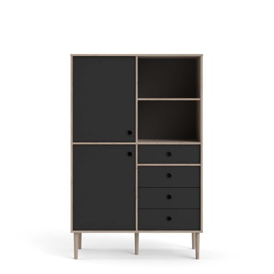 Penny hylle 2 dører, 4 skuffer og 2 rom Hickory dekor og matt svart .