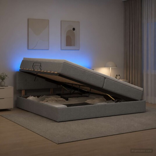 vidaXL LED lagringseng med madrass Lysegrå 200 x 200 cm Stoff
