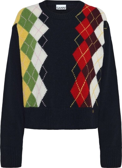 Ganni Argyle Knit Crew Neck Sweater Navy S