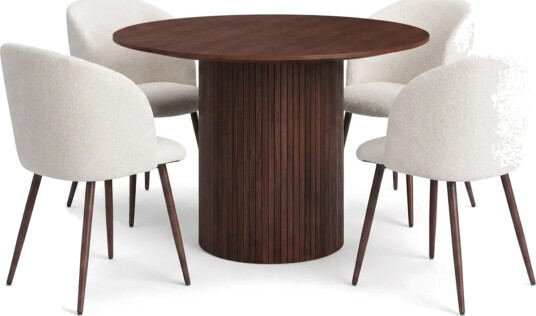 Spisegruppe Bark Kopparbo 110 cm Valnøtt Hvit bouclé/Metallben valnøtt Rund 4 Spisegruppe Bark Kopparbo 110 cm Valnøtt Hvit bouclé/Metallben valnøtt Rund 4