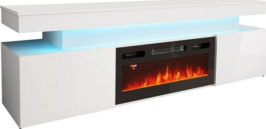Glenndale TV benk med oppbevaring + LED kamin + Belysning 190 cm - Hvit