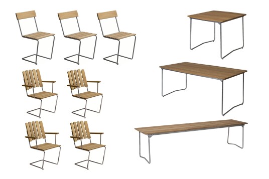 Grythyttan Stålmöbler B31 spisegruppe Oljert eik/galvanisert stål 4 lenestoler, 3 stoler, benk 170 cm, bord 84 x 92 cm & bord 170 x 92 cm