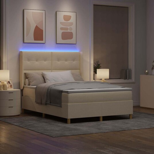 Bokspring Seng med Madrass & LED Krem 160x200 cm Stoff 3343705