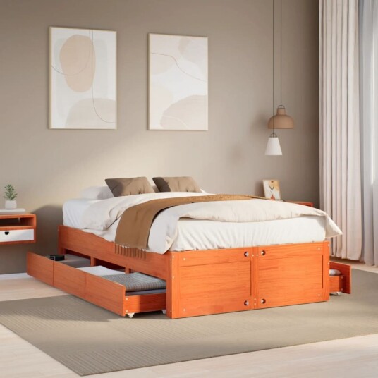 Sengeramme uten madrass med skuffer brun 135x190 cm heltre furu 8721158382603