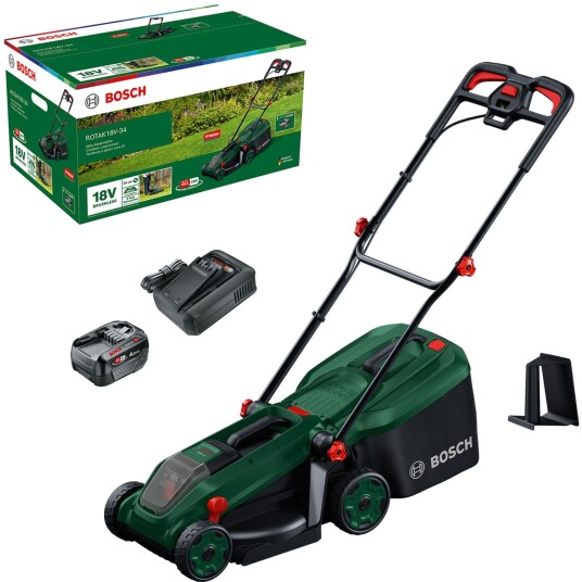 Bosch Rotak 18V 34 Batteridrevet Gressklipper   34cm klippebredde inkl. 4.0Ah batteri og lader