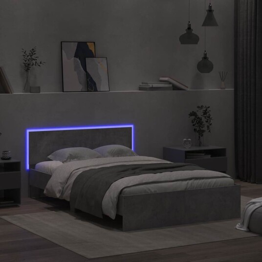Sengeramme med hodegavl og LED betonggrå 135x190 cm 3207633