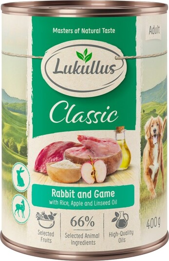 Lukullus Våtfôr Kanin & Vilt med Naturris Eple & Linolje 6x400g