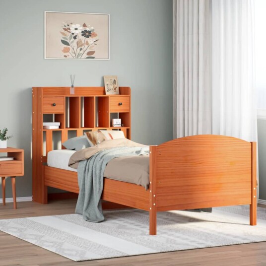  Seng med bokhylle uten madrass voksbrun 75x190 cm heltre furu 8721158619563