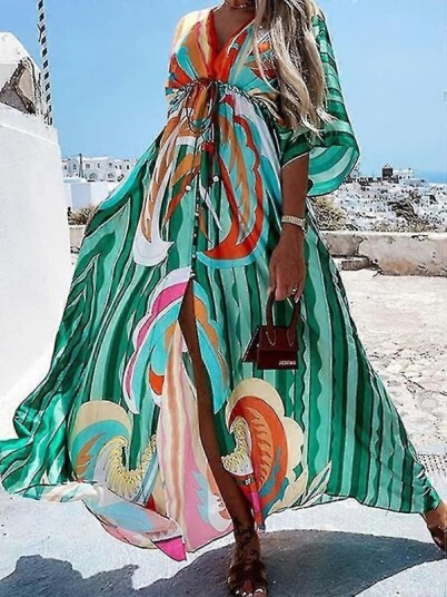 Sommer Maxi Kjole For Kvinner Boho Print Bikini Cover Ups Strand Sommerkjole Sexy Blomster Tunika Lang Kjole Badedrakt Vestido Feminino