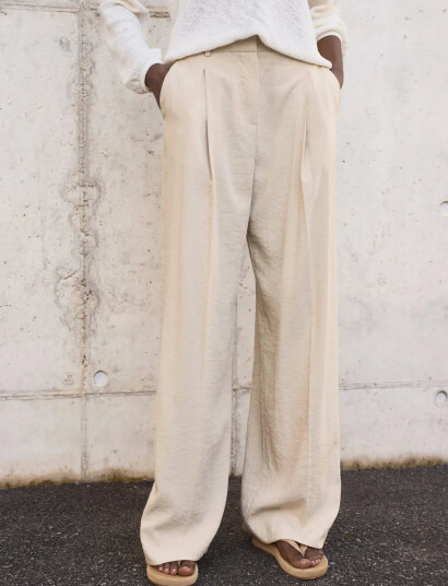 Mango Wide Leg Pleated Trousers - Beige - 40