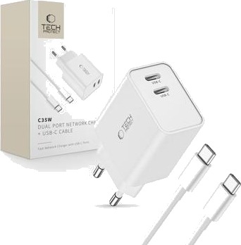 Tech-Protect C35W 2-Port USB-C Vegglader med USB-C Kabel Hvit