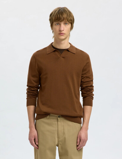 Selected Slhtray Ls Knit Merino Open Polo - Brown - S