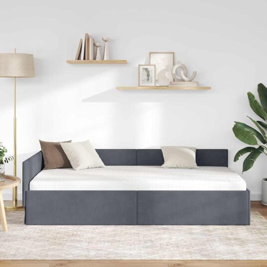 Hjørnesengramme Mørke grå 90 x 200 cm Fløyel og konstruert tre Hjørnesengramme Mørke grå 90 x 200 cm Fløyel og konstruert tre