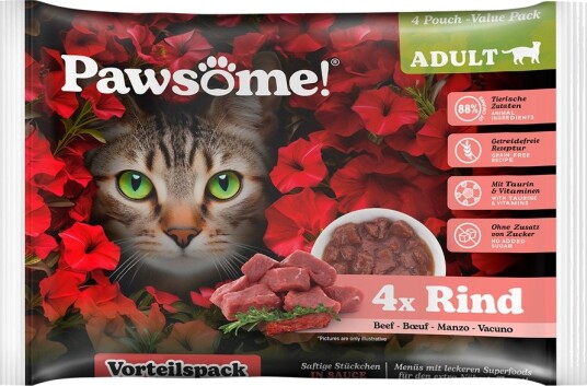 Pawsome Våtfôr Adult Cat Okse 4 X 85 G