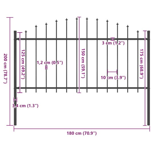 vidaXL Hagegjerde med spydtopp stål 1 1,25x1,7 m svart