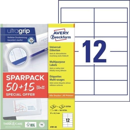 Universaletiketter Avery 97X42,3 Mm Hvid Med Ultragrip + 30% Ekstra Indhold 65 Ark X 12 Stk.