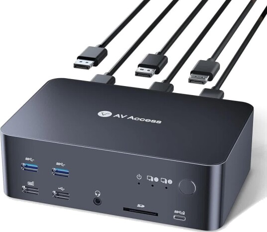 AV Access 8K KVM-switch og dokkingstasjon opptil 8K@60Hz 2 til 3 DisplayPort 5x USB-A USB-C 3.5 mm minijack