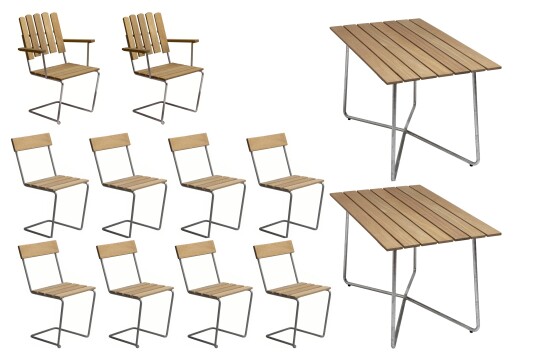 Grythyttan Stålmöbler B25 spisegruppe Oljert eik/galvanisert stål 2 lenestoler, 8 stoler & 2 bord 120 x 70 cm