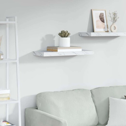 Vegghylle Veggmontert Hvit marmor 50 x 23 x 4 cm Konstruert tre Vegghylle Veggmontert Hvit marmor 50 x 23 x 4 cm Konstruert tre