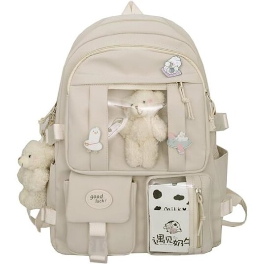 Kawaii Skolesekk for Jenter Søt Estetisk Ryggsekk Skoleveske med Pins og Tilbehør White Kawaii Skolesekk for Jenter Søt Estetisk Ryggsekk Skoleveske med Pins og Tilbehør White