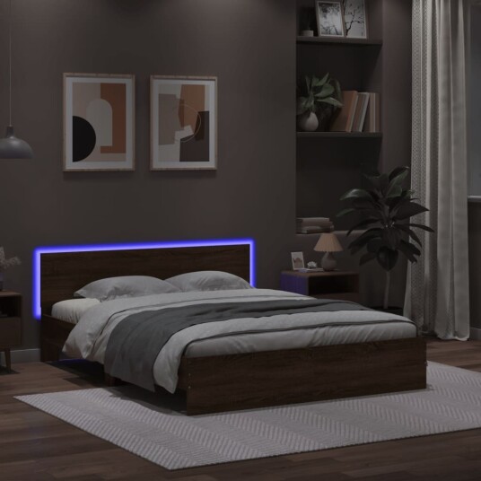 Sengeramme med hodegavl og LED brun eik 160x200 cm 8721012248182