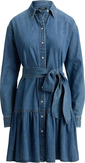 Lauren Ralph Lauren Belted Denim Tiered Shirtdress Blue 46