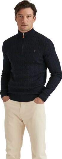 Morris Merino Cable Half Zip Navy