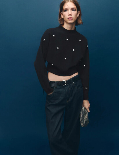 Mango Perkins Neck Sweater With Spheres Black L