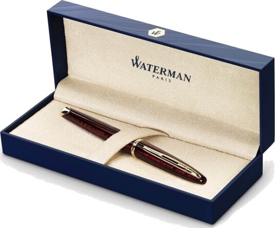 Waterman Carène Marine Amber Fountain Pen Gloss Brun & Svart with 23k Gull Clip Medium Nib with Blå Ink Cartridge Gift Box Waterman Carène Marine Amber Fountain Pen Gloss Brun & Svart with 23k Gull Clip Medium Nib with Blå Ink Cartridge Gift Box