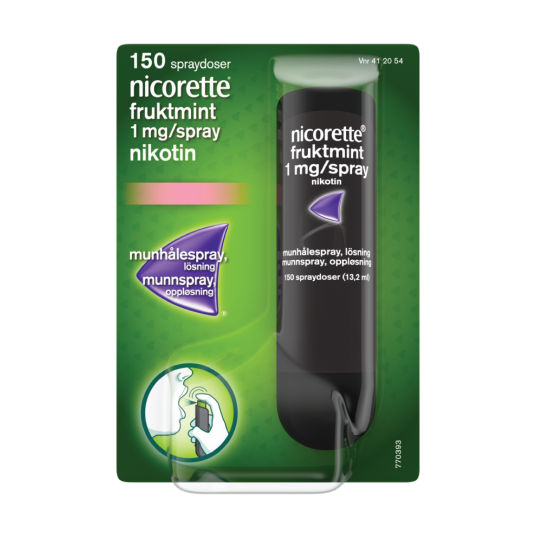 Nicorette 1 mg/dose munnspray Fruktmint 150 doser Nicorette 1 mg/dose munnspray Fruktmint 150 doser