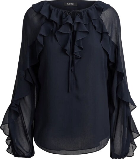 Lauren Ralph Lauren Ruffle Trim Crinkle Georgette Blouse LAUREN NAVY XL