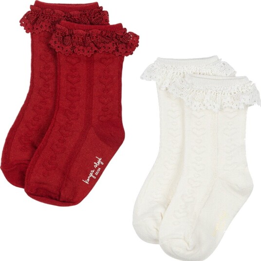 Konges Sløjd Sokker   2 pack   Pointelle Frill   Rød/Off White   Konges Sløjd   25/28   Sokker Brun Hvit   25 28
