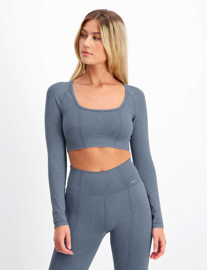 aim´n Washed Denim Seamless Cropped Long Sleeve Blue S