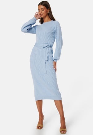 BUBBLEROOM Round Neck Rib Knitted Midi Dress Light blue XL